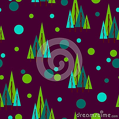 Seamless pattern with green fir trees and circles. Purple background. Flat style. Garden or forest. Nature and ecology. Merry Vector Illustration