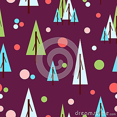 Seamless pattern with green fir trees and circles. Purple background. Flat style. Holiday decoration. Happy New Year. Merry Vector Illustration