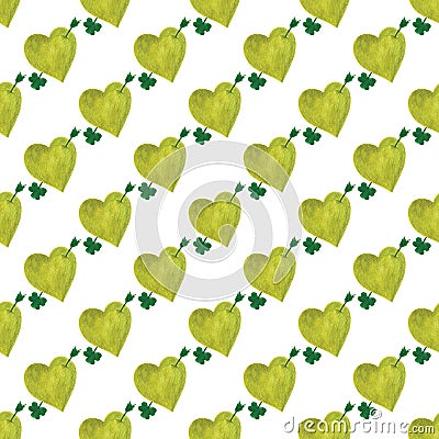 Seamless pattern with green heart with shamrock arrow Cartoon Illustration