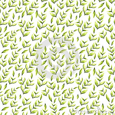 Seamless pattern with green juicy sprouts and leaves on a white background. Watercolor drawing for textiles, Wallpaper, packaging Stock Photo