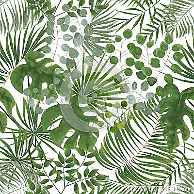 seamless pattern of green leaves. green tropical background in w Stock Photo