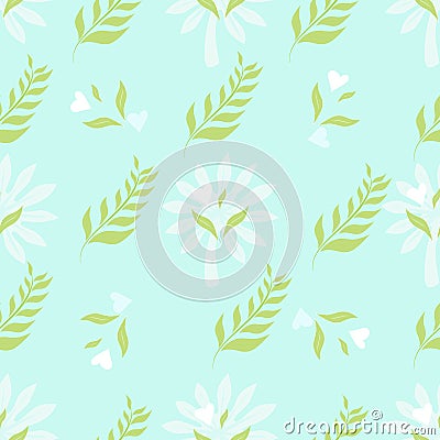 Seamless pattern with green leaves and heart. Nature concept. Background for your design wallpapers, web page Vector Illustration