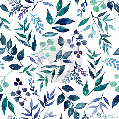 Seamless pattern of green leaves, herbs, tropical plant hand drawn watercolor. Fresh beauty rustic eco friendly background. Stock Photo