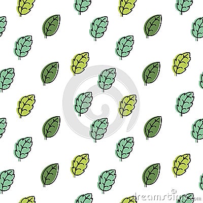 Seamless pattern with green leaves on a white background. Vector Illustration