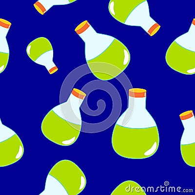 Seamless pattern with green magic potion bottles on blue background. Cartoon style. Fairy tale drink. Pharmacy and chemistry. Vector Illustration