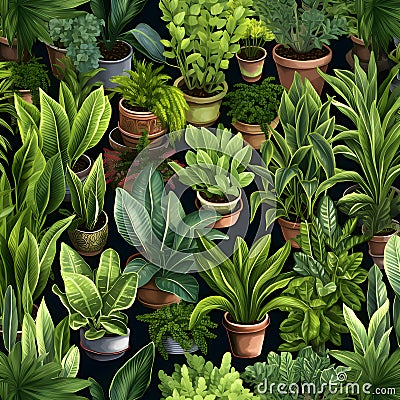 Seamless pattern with green plants in pots. Vector illustration Vector Illustration