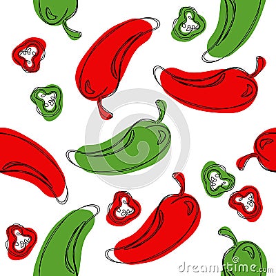 Seamless pattern green and red chilli pepper. Hand drawing chilli pepper. Vector illustration chilli pepper. Vector Illustration