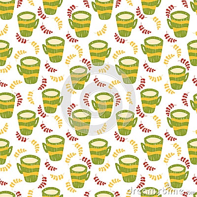 Seamless pattern with green tea cups with milk, red and yellow branches. Vector illustration isolated on a white background Vector Illustration