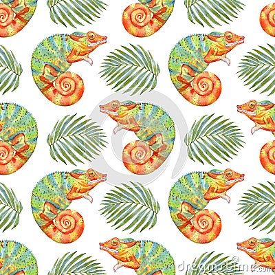 Seamless pattern with tropical leaves and chameleons. Cartoon Illustration