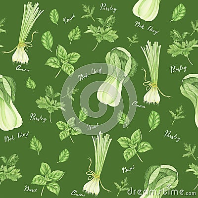 Seamless pattern of green vegetables with lettering: onion, parsley, basil and bok choy, watercolor painting. Cartoon Illustration