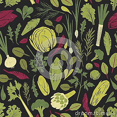 Seamless pattern with green vegetables, salad leaves and spice herbs on black background. Backdrop with wholesome Vector Illustration