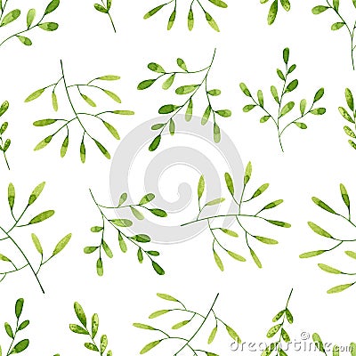 Seamless pattern with green watercolor branches and leaves. Hand drawn illustration isolated on white Cartoon Illustration