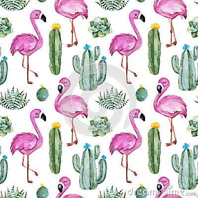 Seamless pattern with green watercolor cactus,succulents, multicolored flowers and cute flamingos. Stock Photo