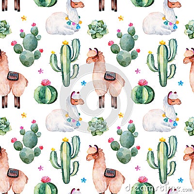 Seamless pattern with green watercolor cactus,succulents, multicolored flowers and cute llamas Stock Photo