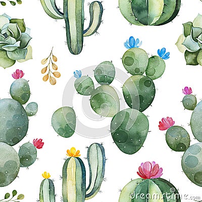 Seamless pattern with green watercolor cactus,succulents and multicolored flowers Stock Photo