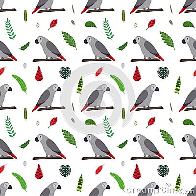 Seamless pattern with grey african parrots Jaco and tropical leaves and flowers Vector Illustration