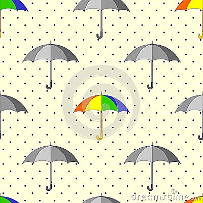 Seamless pattern with grey and colorful umbrellas and raindrops Vector Illustration