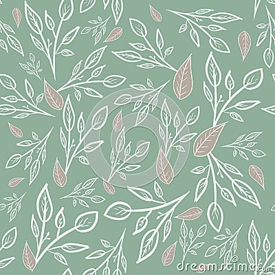 Seamless pattern with grey leaves, white branches on green background. Spring/summer fashion print. Luxury pattern. Packaging, wal Stock Photo