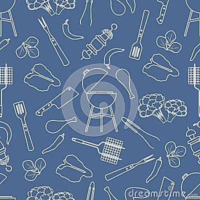Seamless pattern Grill, barbecue tools, food. BBQ Vector Illustration