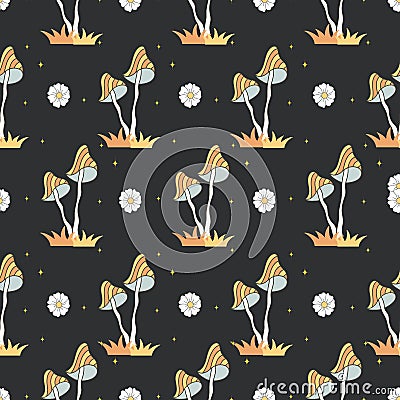 Seamless pattern with groovy mushrooms. Abstract vintage agaric. Hippie vector illustration in flat cartoon style Vector Illustration