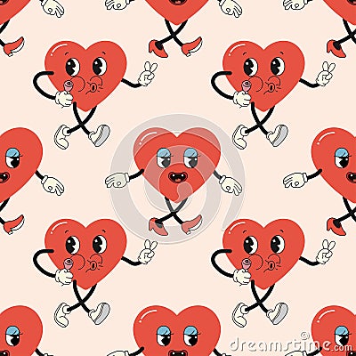 Seamless pattern groovy valentine's day, hearts, cute character Cartoon Illustration