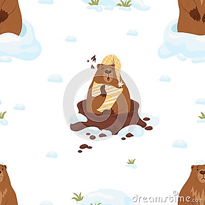 Seamless pattern with groundhog. Sleeping marmot with pillow and sad rodent in snowy hole on white background. Vector Vector Illustration