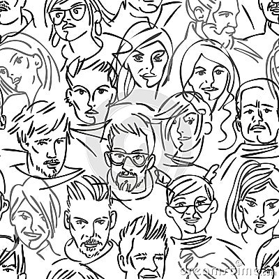 Seamless pattern of a group of people. Many different avatars. Portraits of men and women. Black and white linear people. Cartoon Illustration