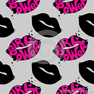 Seamless pattern with grunge lips and girl power lettering. Vector Illustration