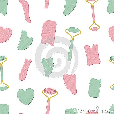 Seamless pattern of gua sha scraping massage tools. Different gua sha stones and rollers are made of rose quartz, green aventurine Vector Illustration