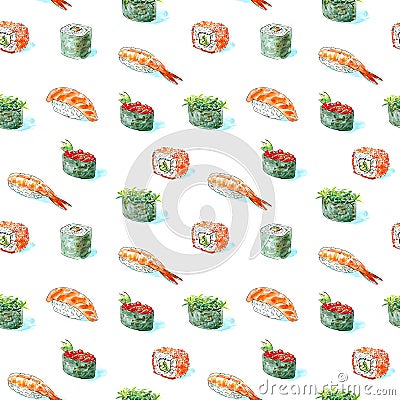 Seamless pattern of a gunkan, sushi and roll. Japanese cuisine. Cartoon Illustration