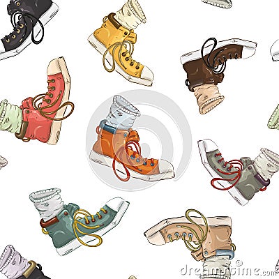 Seamless pattern of gym shoes of different colors and sizes on a white background. Vector Illustration