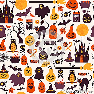 Seamless pattern of halloween for autumn celebration with icons Vector Illustration