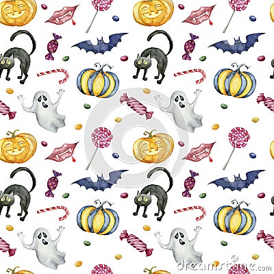 Seamless pattern with halloween characters on white background. Cartoon Illustration