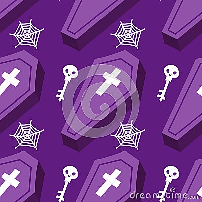 Seamless pattern halloween coffin X cross with skull key and spiderweb Vector Illustration