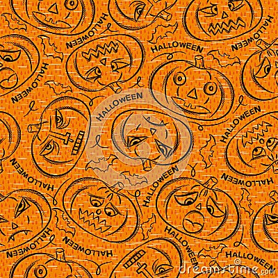 Seamless Pattern with Halloween objects on orange background Vector Illustration
