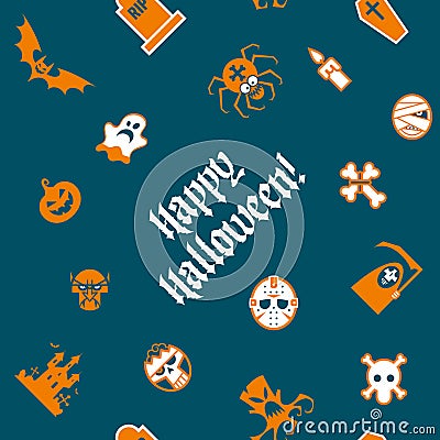 Seamless pattern for Halloween. Pumpkin, ghost, vampire, coffin and more. Isolated. Vector Illustration