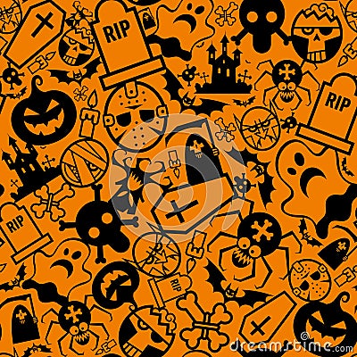 Seamless pattern for Halloween. Pumpkin, ghost, vampire, coffin and more. Isolated. Black and orange color. Vector Illustration