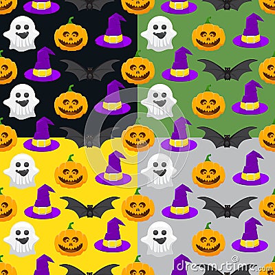 seamless pattern for Halloween, pumpkin, ghost, witch hat Vector Illustration