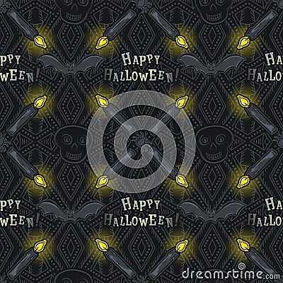 Seamless Pattern with Halloween symbols on black background Vector Illustration