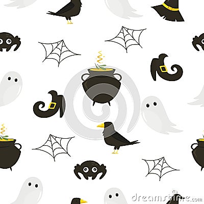 Seamless pattern with Halloween symbols - ghost, cauldron with potion, raven, spider, web Vector Illustration