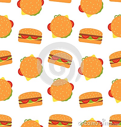 Seamless Pattern with Hamburgers. Fast Food Wallpaper Vector Illustration