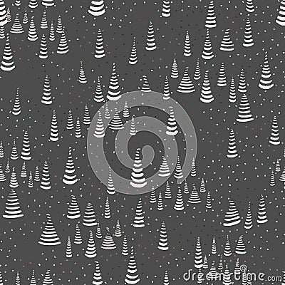 Seamless pattern with hand-drawn abstract vertical Christmas trees and small specks in pink colours on a gray background. Vector Cartoon Illustration