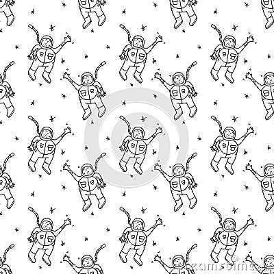 Seamless pattern hand drawn astronaut spaceman. Doodle black sketch. Sign symbol. Decoration element. Isolated on white Vector Illustration