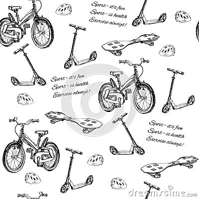 Seamless pattern of hand drawn baby bike, scooter, wave board an Vector Illustration