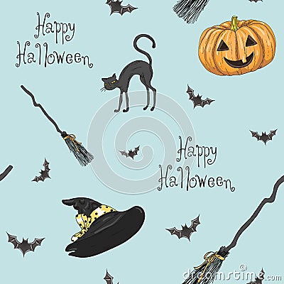 Seamless pattern with hand drawn beautiful cute Halloween girl witch with pumpkin, cat and broom. Vector Illustration