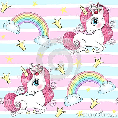 Seamless pattern with hand drawn beautiful cute little princess girls unicorns. Vector Illustration