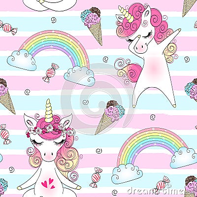 Seamless pattern with hand drawn beautiful cute little princess girls unicorns. Vector Illustration