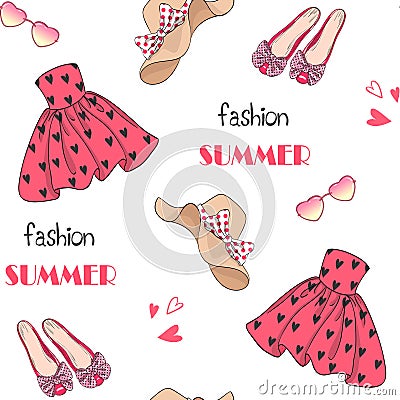 Seamless pattern with hand drawn beautiful cute summer girls dress, shoes and clothes. Vector Illustration