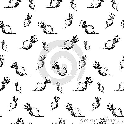 Seamless pattern hand drawn beet. Doodle black sketch. Sign symbol. Decoration element. Isolated on white background. Flat design Vector Illustration