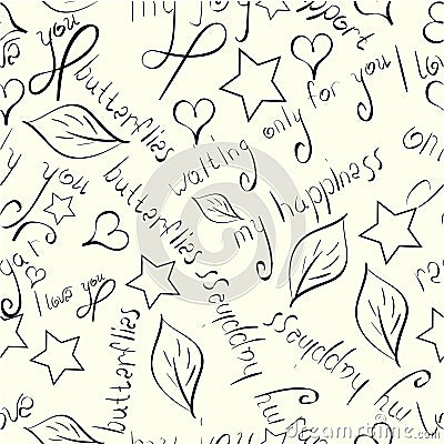 Seamless pattern of hand drawn black silhouettes of flowers,leaves,stars and love phrases on beige background. Vector Illustration